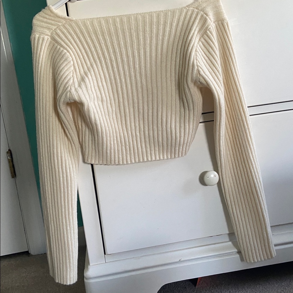 Cream Ribbed Knit Cropped Sweater - Picture 2 of 2